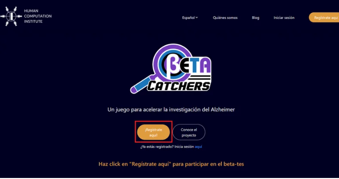 La página de inicio de Beta Catchers con el botón Regístrate aquí.