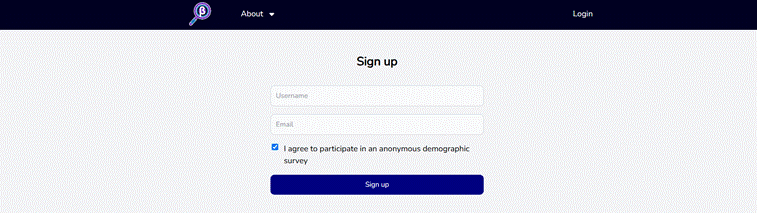 The sign-up form with Username, Email, and the demographic-survey checkbox.